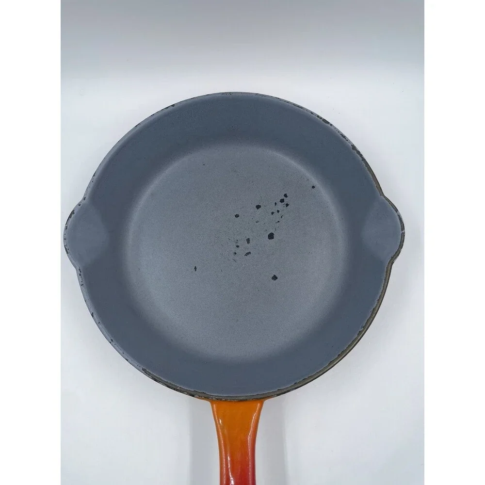Vintage Descoware Flame Orange 9” Cast Iron Enamel Fry Pan Belgium
